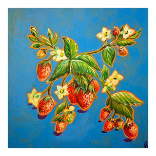 Strawberries on Blue by Svetla Stoyanova Bassi - red strawberries and white flowers outlined in orange on blue