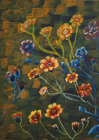 Field Flowers in Olive by Svetla Stoyanova Bassi - orange and blue flowers on long stems over olive green