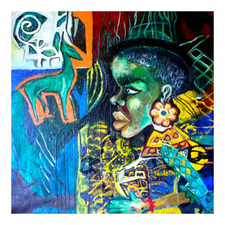 Black woman by Ralu - a woman in profile with a flower earring among turquoise, orange and yellow shapes