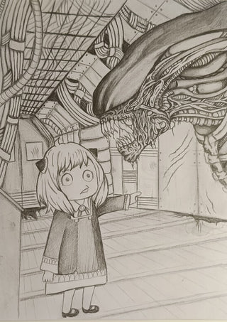 Alien X Anya by CarolineV - a wide-eyed girl and a long-headed alien in a ship corridor, drawn in pencil