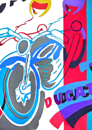 Homage to ducati by NKo - a Ducati drawn close up in blue and grey with two stylised women leaning in