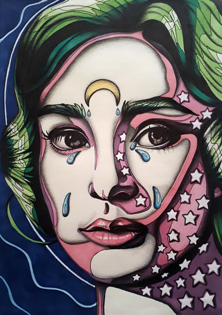 Audrey Hepburn by Okiana - a tearful split-toned portrait with a gold crescent and white stars on navy