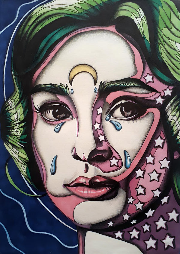 Audrey Hepburn by Okiana - a tearful split-toned portrait with a gold crescent and white stars on navy