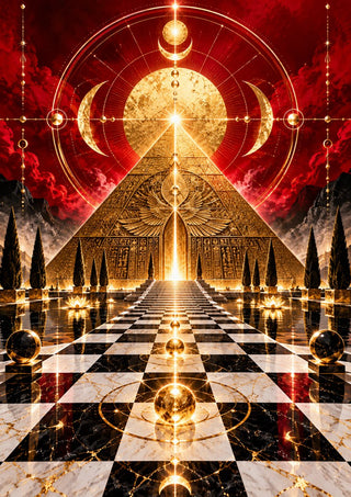 Golden temple by RA - a golden pyramid above a marble floor under a deep red sky