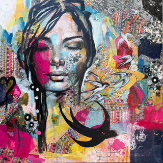 Ende des Sommers by Anke Fillies - a woman with closed eyes among swallows and collaged papers