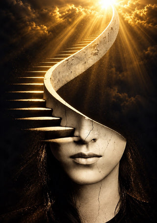 The Ascending Mind by RA - a face opening into a spiral staircase rising into golden light