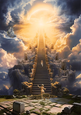 the fool by Sofia de Lemos - a stone staircase climbing through clouds towards golden light