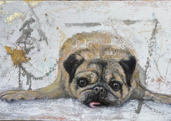 Rough and sweet by Anke Fillies - a pug resting its head on its paws against a scraped grey wall