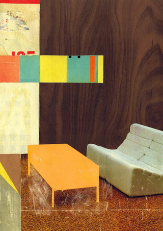 White Sofa by Kareem Rizk - a pale sofa and orange table against dark walnut with blocks of colour