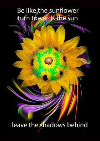 Be like the sunflower by Walter Zettl - a glowing yellow sunflower on black with the words turn towards the sun
