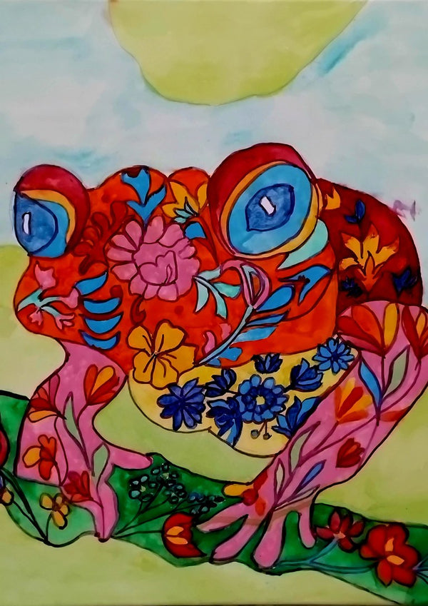 Color frog by Nittaart - a frog covered in pink, yellow and blue flowers with turquoise eyes