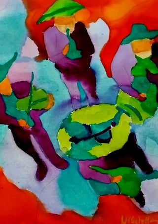 Mariachis by Nittaart - figures in wide-brimmed green and yellow hats on a flat red-orange ground