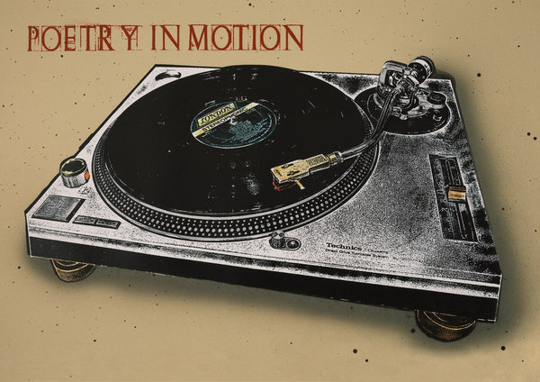Poetry in Motion by Carl Smith ART - a Technics turntable with a record and a gold cartridge