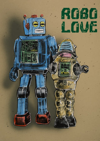 Robo Love by Carl Smith ART - two vintage tin toy robots in blue and gold