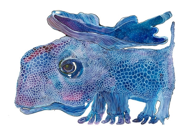 The Blue Watcher by Lena Galé - a one-eyed blue creature with ribbed crests drawn in ink on white