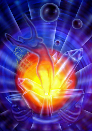 New beginnings and transformation by Walter Zettl - a figure before a blazing sun with crystals in blue, violet and orange