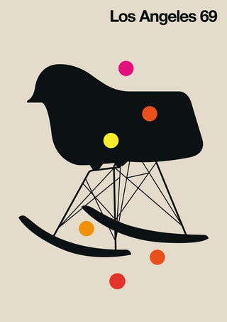 Los Angeles 69 by Bo Lundberg - a black mid-century rocking chair with floating circles on warm beige