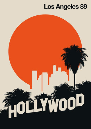 Los Angeles 89 by Bo Lundberg - black palm trees and the Hollywood sign against a large orange sun