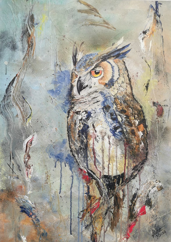Owl by Lüba - a horned owl in white, brown and blue on a mottled grey ground with red accents