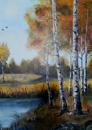 Autumn Birches by the Pond by Lüba - white birches in gold autumn leaves beside a blue pond
