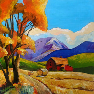 Autumn Fields by Evgenia Smirnova - orange autumn trees over golden fields and a red barn