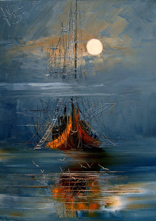 Moon over the Ship by Justyna Kopania - a tall ship under a pale moon on grey-blue water