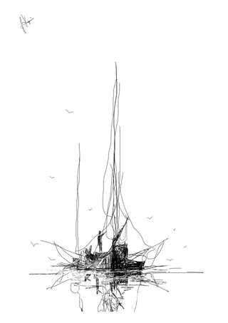 Two Masts by Justyna Kopania - a small two-masted boat drawn in fine black line on white paper