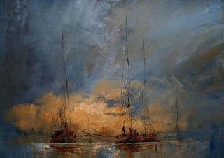 Boats in the Mist by Justyna Kopania - tall masts rising out of grey and ochre mist over dark hulls