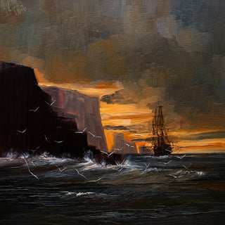 Ship by the Cliffs by Justyna Kopania - a tall ship off black cliffs under an orange sky