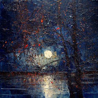 Moon through Bare Trees by Justyna Kopania - a white moon between dark branches on a deep blue night