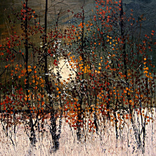 Autumn Trees in the Sun by Justyna Kopania - dark trunks and orange and red leaves around a pale sun