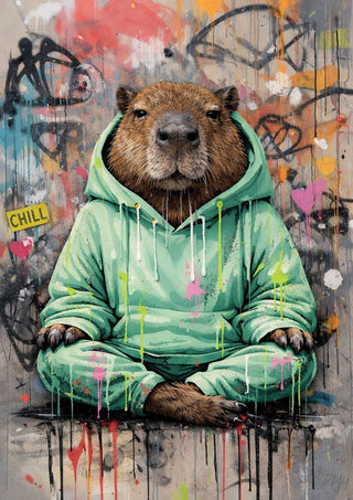 Capybara x Grafitti by Decker Studios - capybara in a mint hoodie before a sprayed grey wall