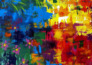 Fragments of Summer by Tako - abstract acrylic strokes in blue, red and yellow with pink flowers