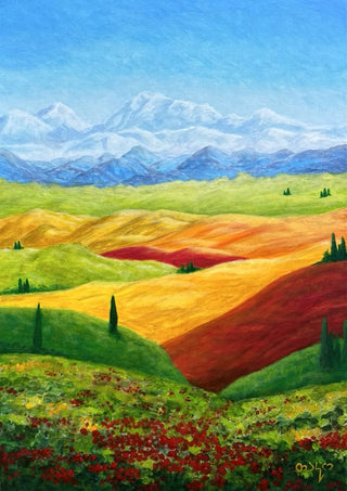 Toscana by Tako - rolling green and gold hills with cypresses and red poppies below blue mountains