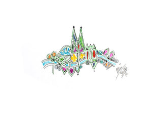 Köln II by ullimcart - a light city panorama with green cathedral spires and a bridge on white paper