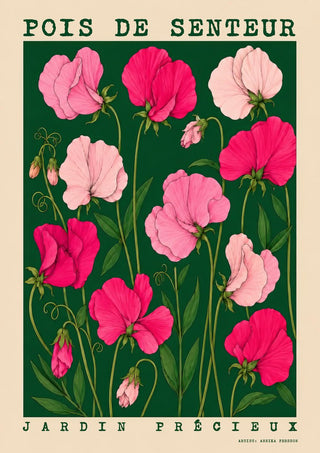 POIS DE SENTEUR by Annika Persson - pink sweet peas on a dark green botanical panel