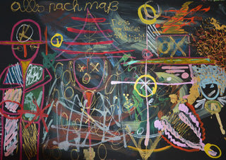 Alles nach Maß by Ali Kasap - pink outlines, gold and neon red over a black ground with handwriting