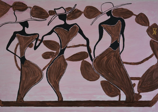 Madames by Ali Kasap - three tall women in brown and black with wide hats on pale pink