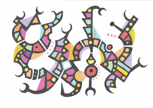 Pastel Glyphs by John Larkin - black glyph figures filled with lilac, pink, turquoise and yellow on white