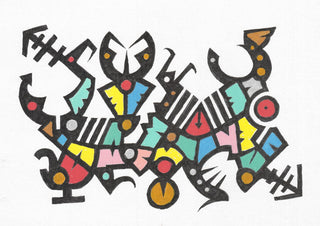 Carnival Glyphs by John Larkin - angular black figures filled with turquoise, red, yellow and pink on white