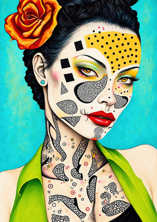 Yellow Dot Mask by Tara Green - a woman's face half covered in yellow dots and fine grey patterns on turquoise