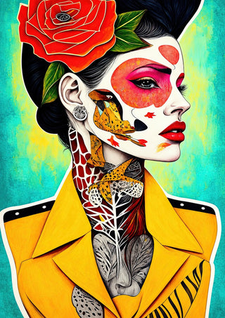 Yellow Coat in Profile by Tara Green - a woman in profile with a red rose and a bright yellow coat