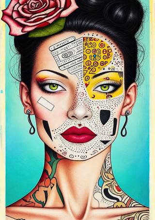 Ink and Roses by Tara Green - a woman with a pink rose, a yellow patterned face and a tattooed neck