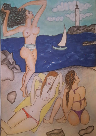 Paraphrasing by KaroGaiaArt - three women on a beach with a sailboat and a lighthouse behind them