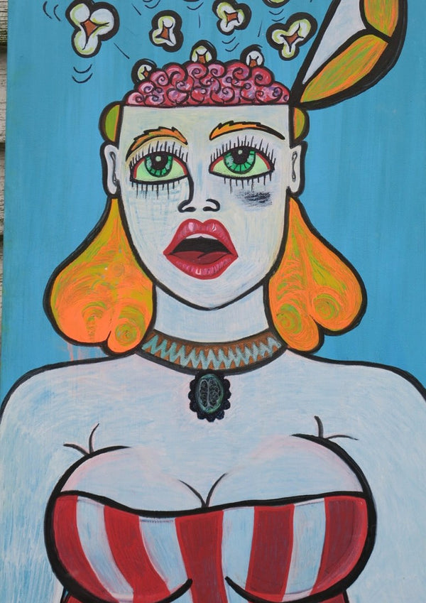 Popcornbrain by KaroGaiaArt - a blue-skinned woman with popcorn bursting from her open head