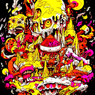 Melting City by BunteBeute - melting towers, skulls and a grinning mouth in yellow and red on black