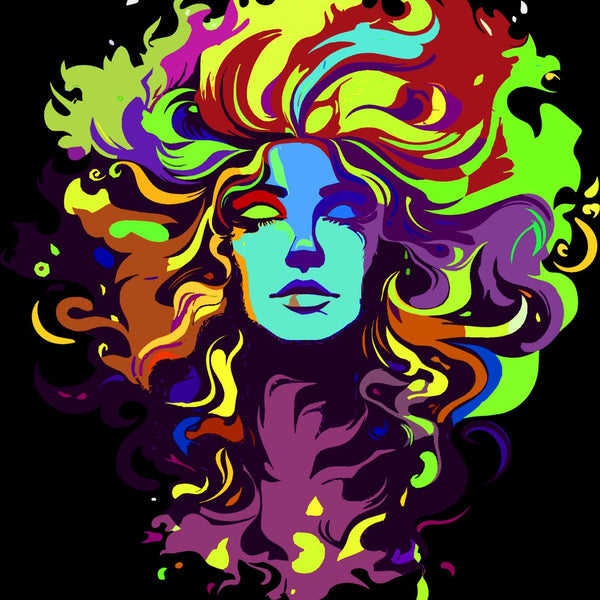 The Flowing Mane by BunteBeute - a blue face in a mane of purple, green and yellow hair on black