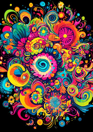 Psychedelic Bloom by BunteBeute - a round mass of swirls and flowers in pink, orange and blue on black