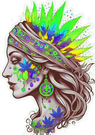 The Leaf Crown by BunteBeute - a woman in profile with a headdress of feathers and cannabis leaves