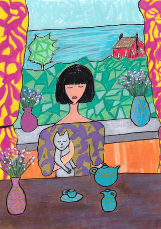 Tea by the Sea by Camilla Nilsson - a dark-haired woman holding a white cat at a tea table by a blue sea